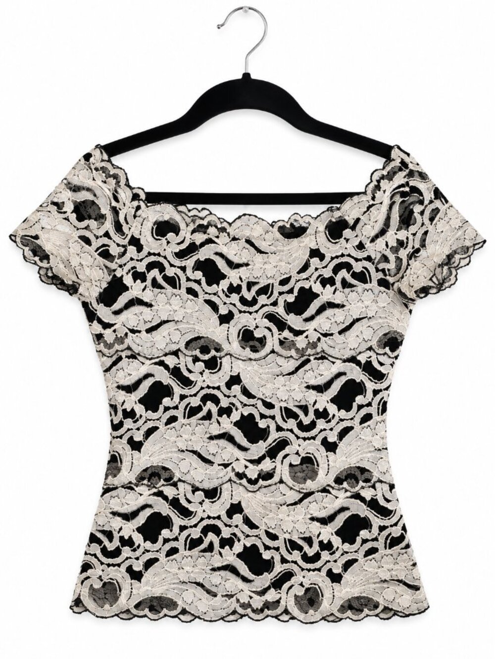 Caché Black Ivory Floral Lace Off Shoulder Top XS/S Estimated